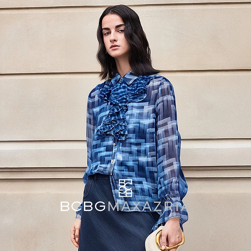 BCBG 春夏 复古优雅几何印花微透荷叶边通勤衬衫BCB24A20330P