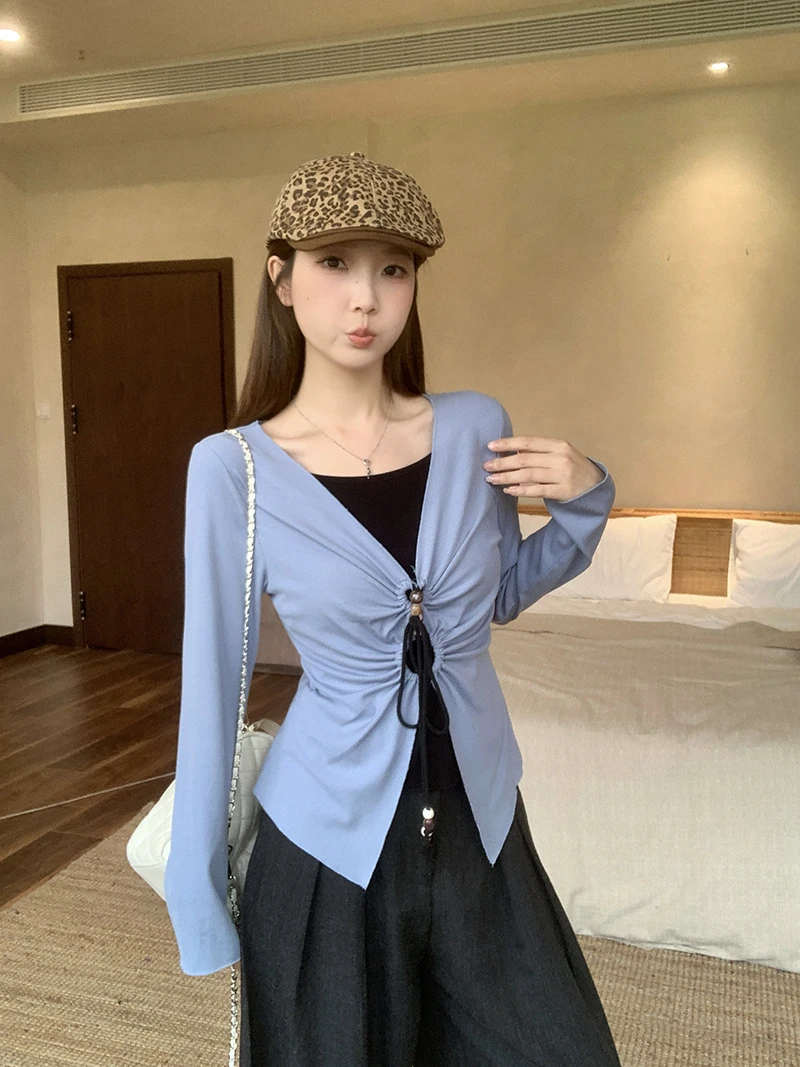 2025秋装新款胖mm大码女设计感撞色假两件别致长袖上衣A2123