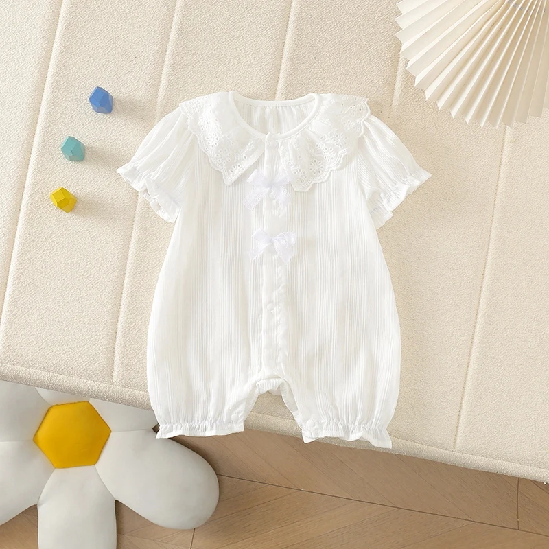 女夏季A类少女风休闲风双蝴蝶结竖条短哈爬服洋气花边新生儿