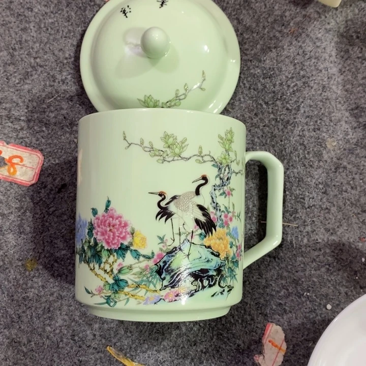 盖碗陶瓷绿稀土仙鹤牡丹办公杯