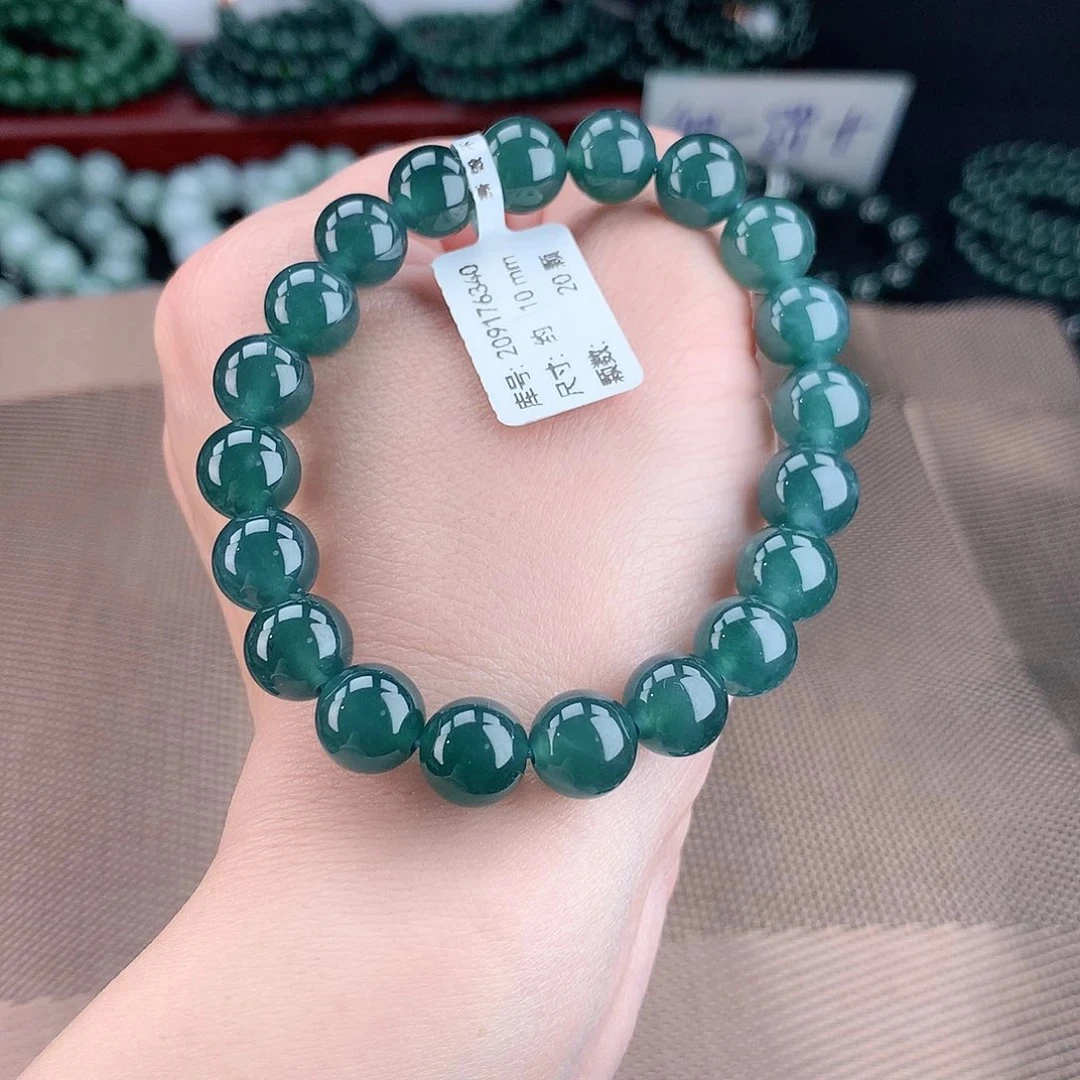 正品天然A货翡翠10m冰种天空蓝天然翡翠手串气质渐变时尚款冰蓝