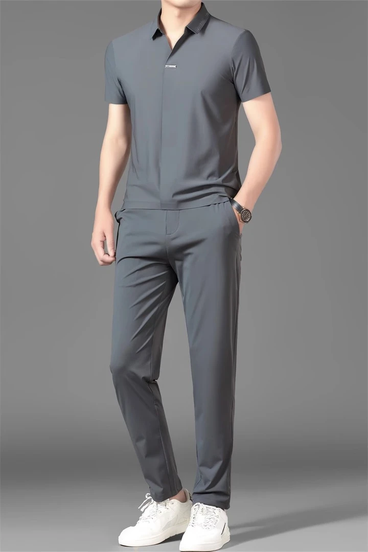 爸爸冰丝套装短袖新款冰丝无痕POLO衫长裤套装商务休闲套装夏季