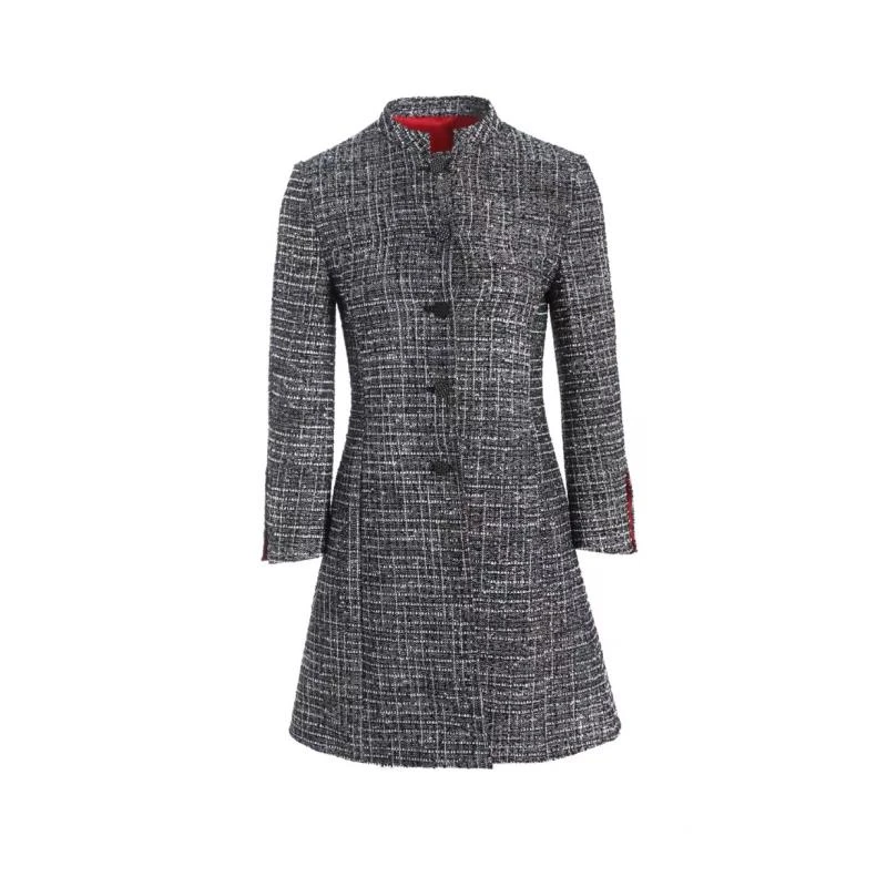 修身气质毛呢秋冬中长款圆领格子经典休闲时尚中年大衣0041