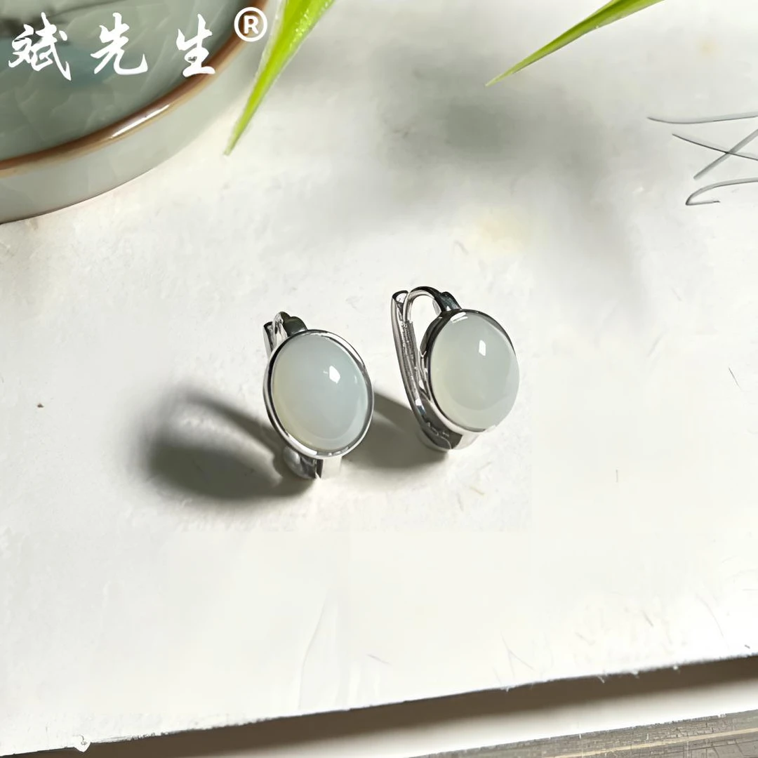 【斌先生】天然和田玉白玉 925银椭圆形耳扣