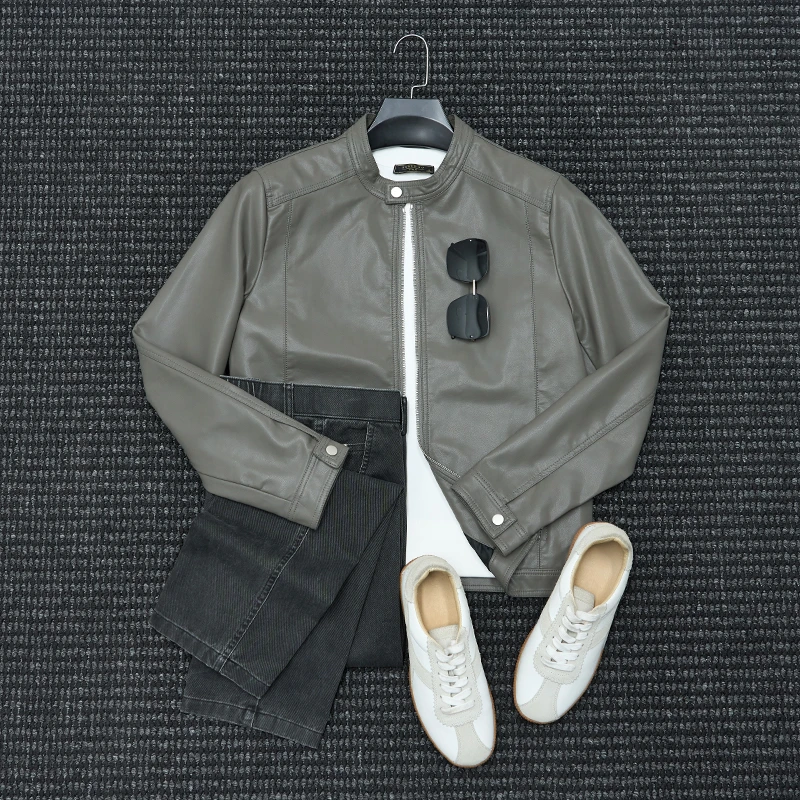 MIGSIMHE·美式休闲立领PU软皮衣男士复古痞帅机车服皮夹克外套