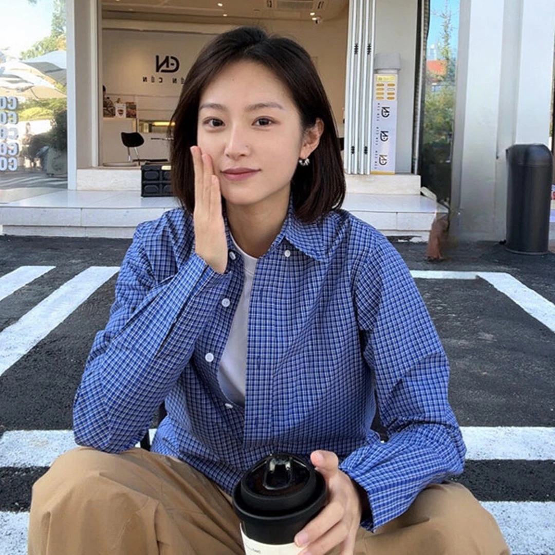 职业阿玛诗官2025秋季新款Polo领格子宽松长袖衬衫女洋气韩版衬衣