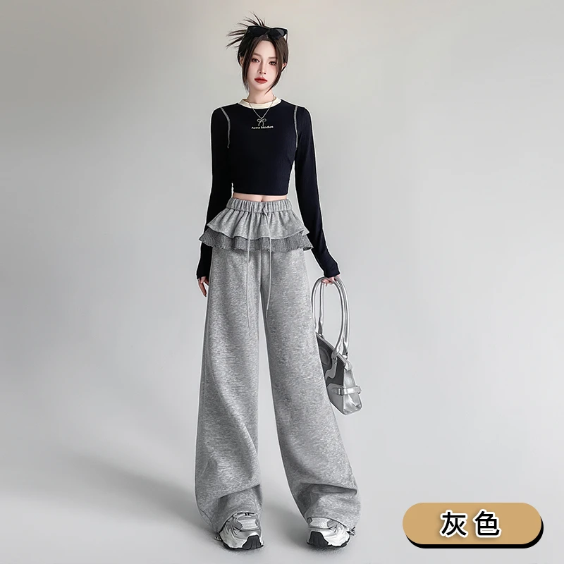 LaChapelle/拉夏贝尔可爱日系格纹拼接花边裤女宽松裙裤阔腿裤