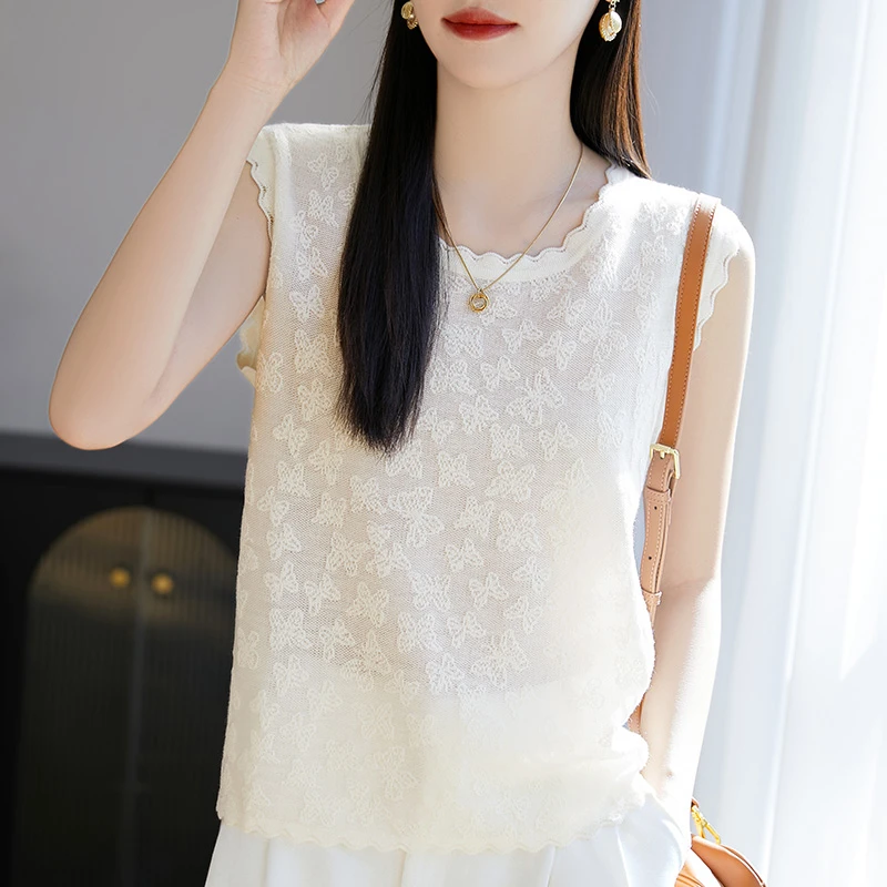 轻盈柔软超细精纺羊毛提花无袖背心宽松花朵纯色气质可外穿内搭