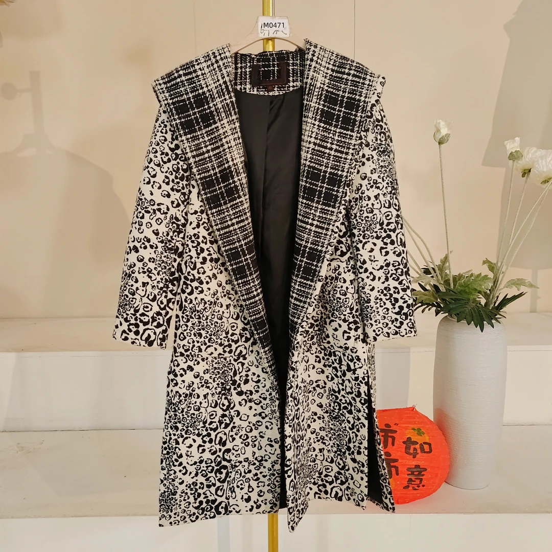 【大飞自营】M 0471 重工厚实格子豹纹连帽大衣宽松百搭秋冬大口袋