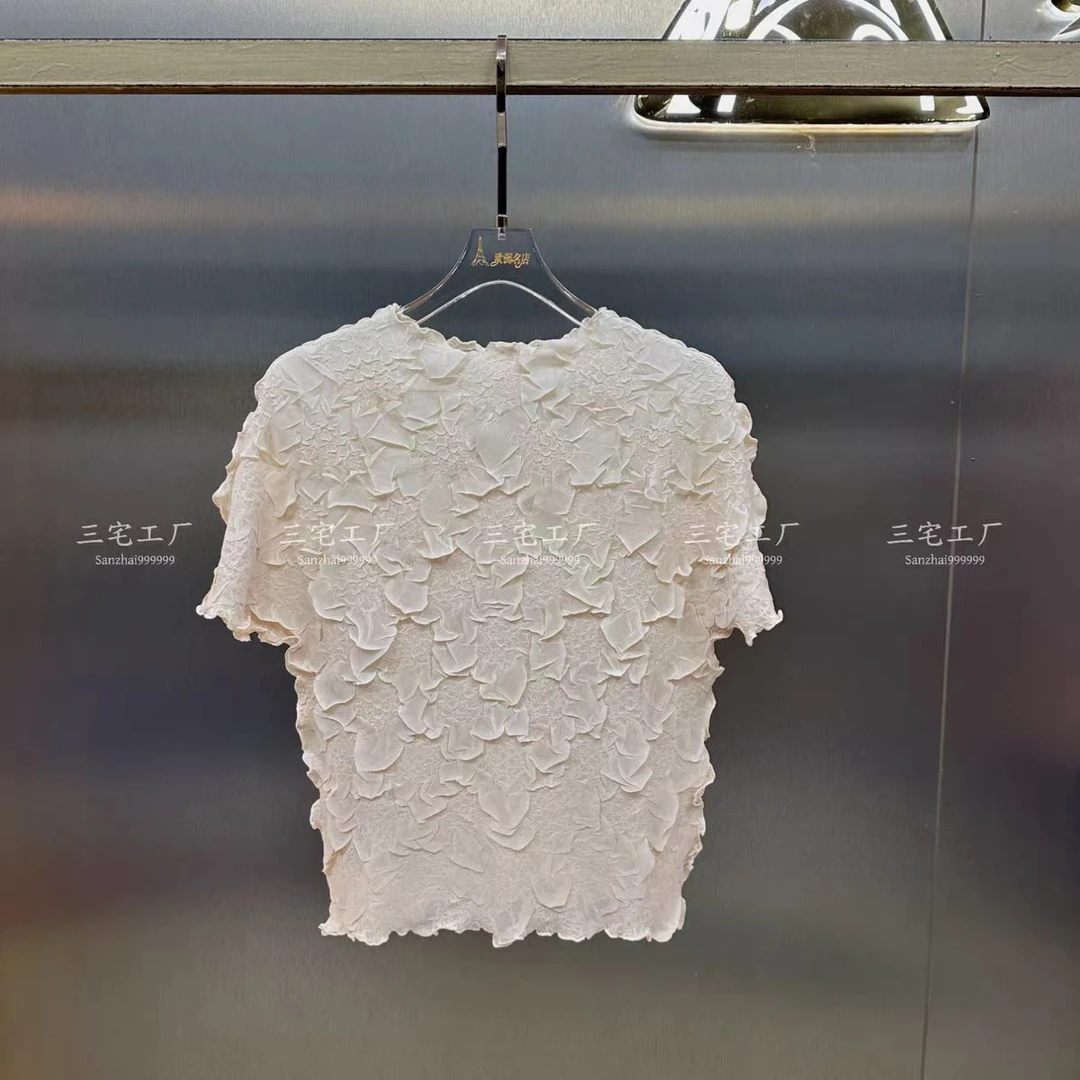 三宅褶皱纯色宽松型甜美圆领吸汗夏季T恤