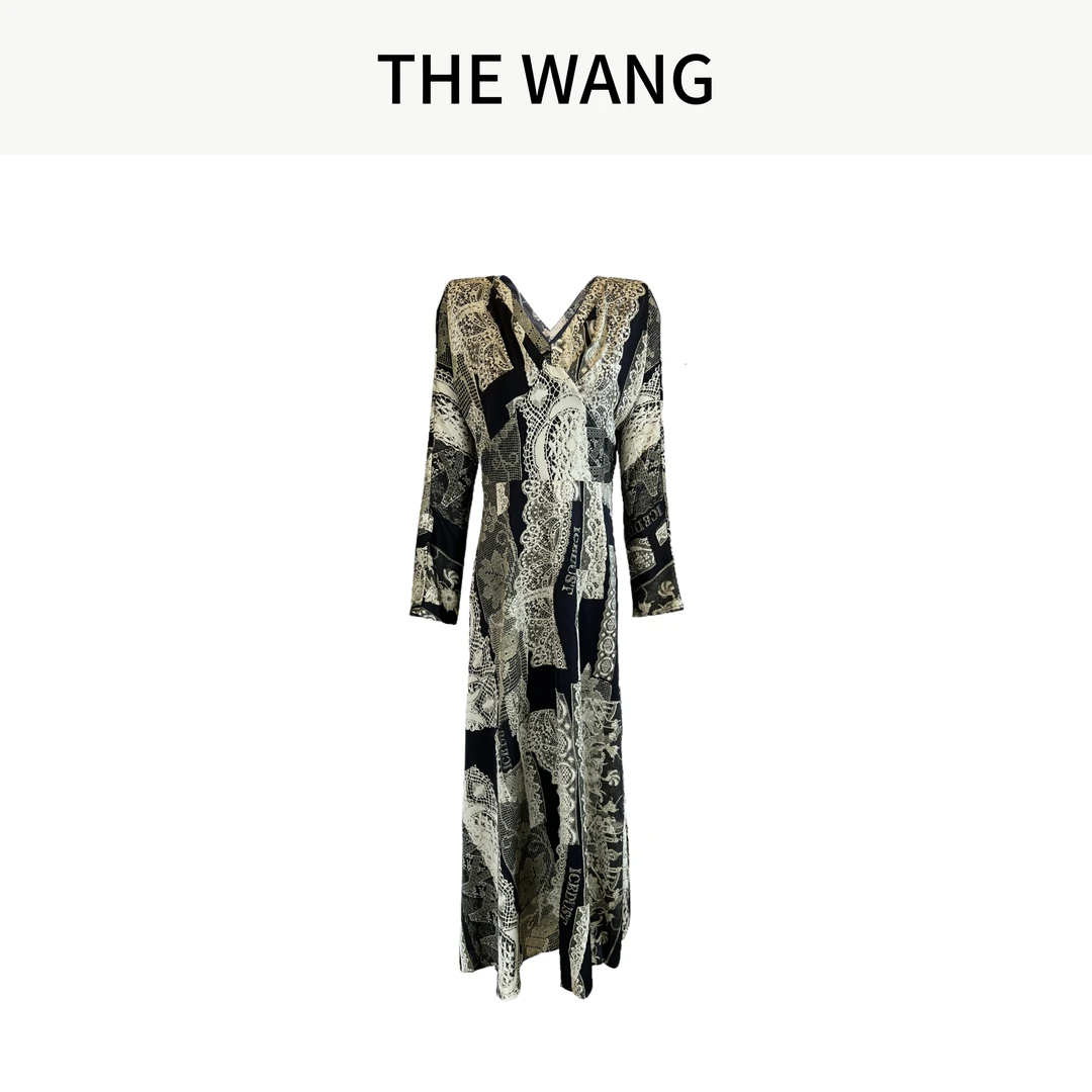 THE WANG 布拉格 印花V领收腰显瘦连衣裙