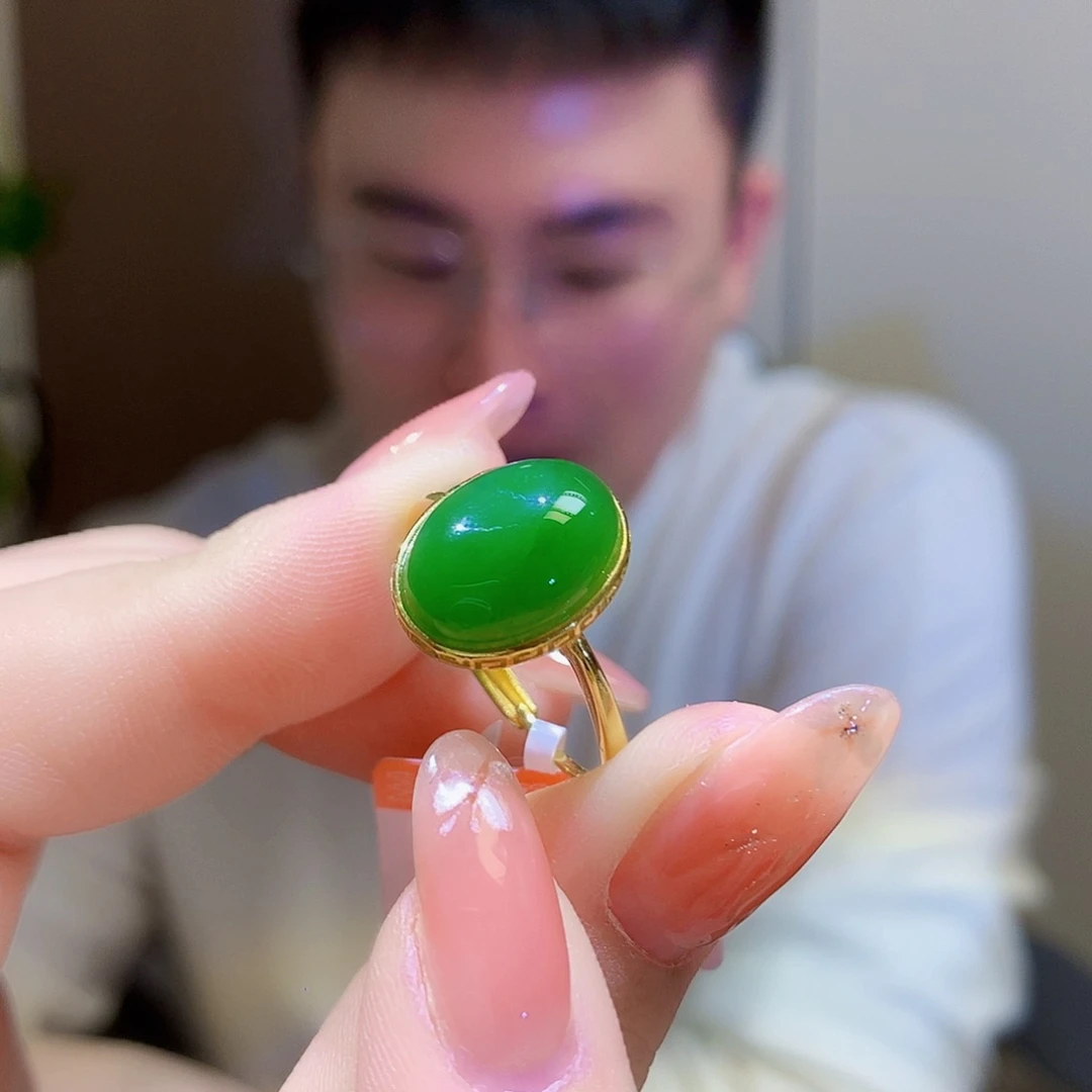 银S925镀金镶嵌戒指和田玉（碧玉）