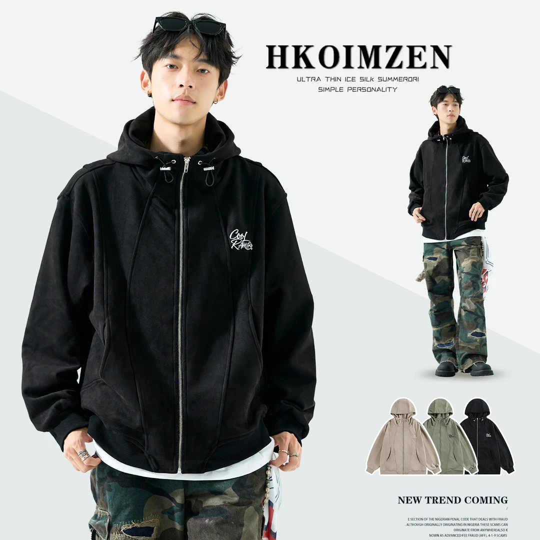 秋款男装美式2025新款解构拼接麂皮绒外套爆款潮牌刺绣连帽卫衣