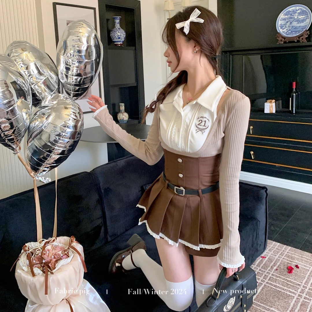 栗子学姐 织物猪原创 春季新款古早少女假两件上衣美拉德高腰短裙
