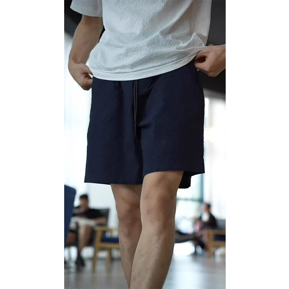 藏青色泡泡纱4分短裤男士夏季薄款美式速干运动裤不过膝五分中裤