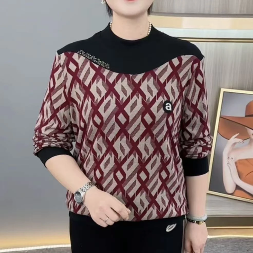 秋季新款圆领拼接设计气质妈妈装宽松显瘦减龄百搭长袖上衣H212
