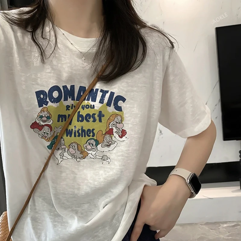 Julychee 麻感雪花棉卡通印花短袖T恤