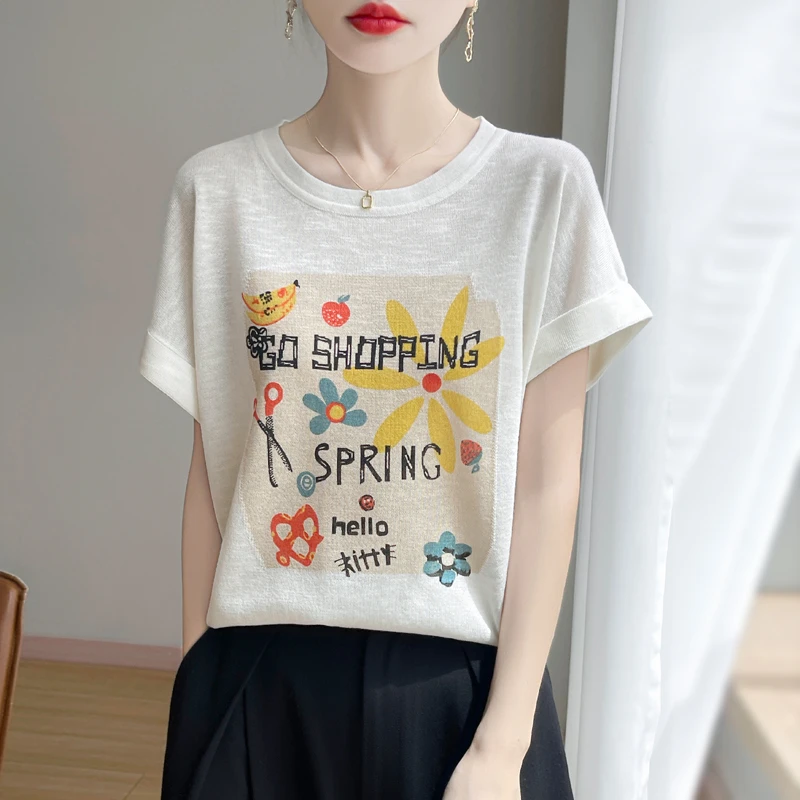 风过身凉~花朵提花圆领短袖针织衫冰凉T恤显瘦上衣5037