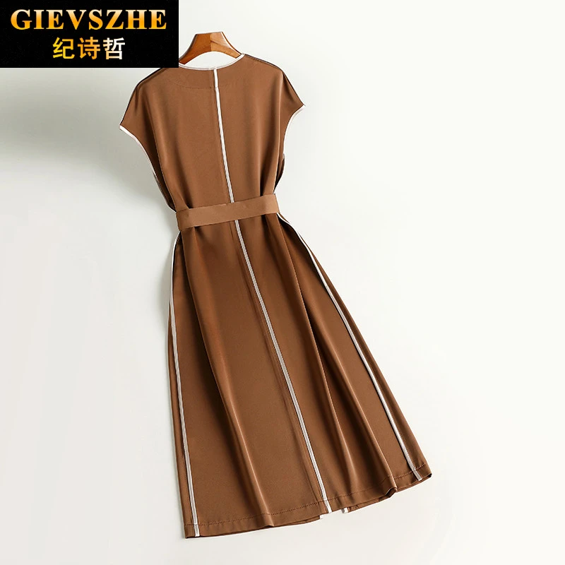 纪诗哲新款拼色大气连衣裙女气质修身束腰妈妈婆婆装过膝长裙大码