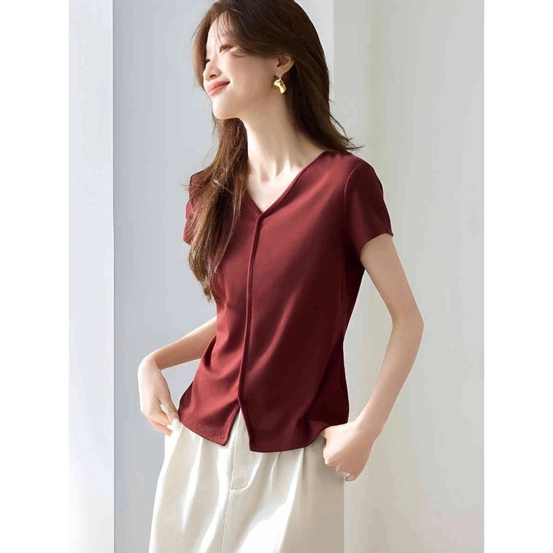 2025夏季新款休闲领开叉短袖韩版纯棉恤上衣女
