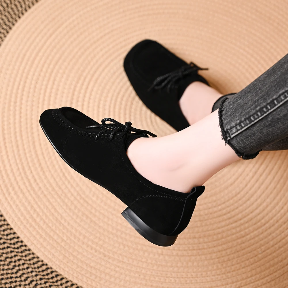 低跟勃肯鞋女2025新款方头秋单鞋系带袋鼠鞋复古百搭休闲女乐福鞋