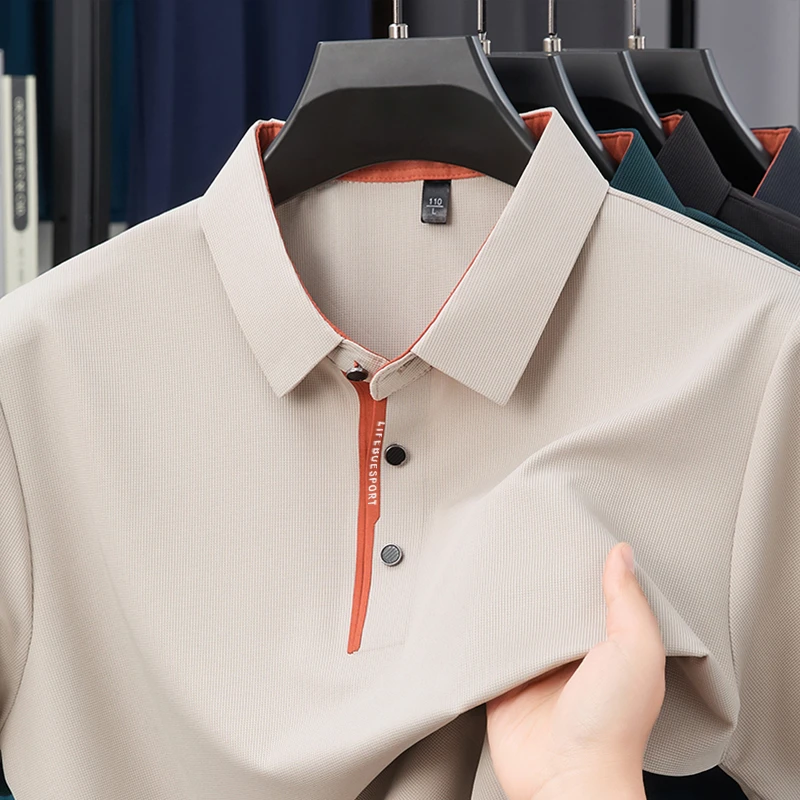 夏季新款轻奢无痕工艺男士冰氧丝polo衫男装时尚休闲撞色门襟短袖