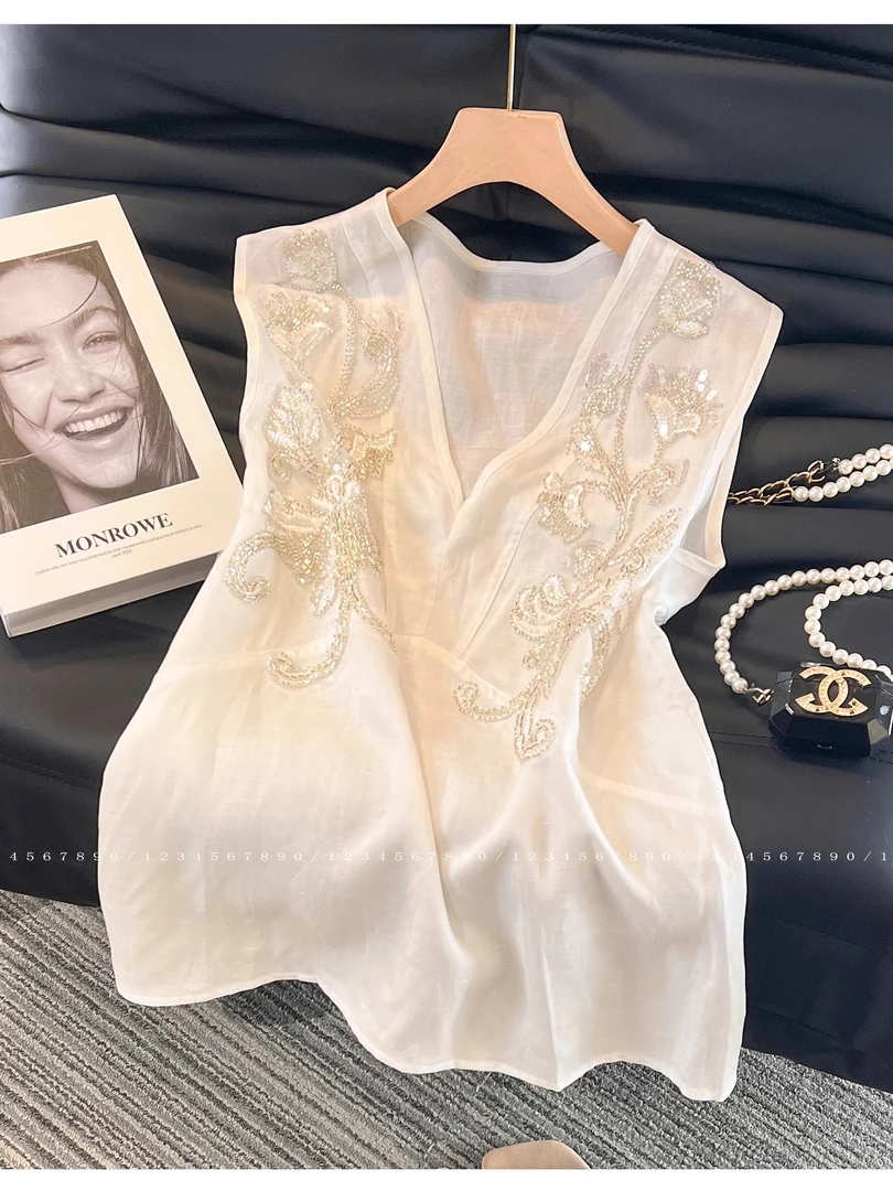 老钱风松弛感夏季V领无袖衬衫上衣女装时尚洋气百搭宽松背心小衫