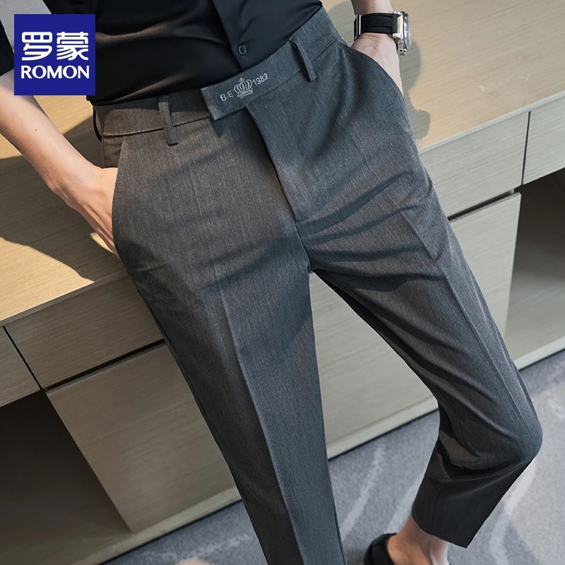 Romon长裤男士秋季新款高端褶皱休闲九分裤修身小脚套装男士长裤