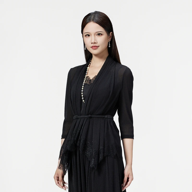 SUSSI/古色25新【果冻云纱】披肩领中长袖烫钻拼蕾丝外套罩衫女夏日