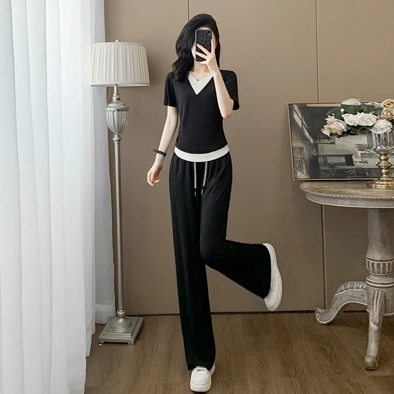 夏季流行休闲运动套装女减龄微胖显瘦假两件V领短袖阔腿裤一整套