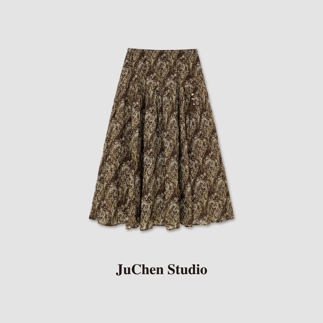 “腰果花”摇曳裙摆复古印花流苏吊坠抽绳松紧腰半身裙SS206006-16