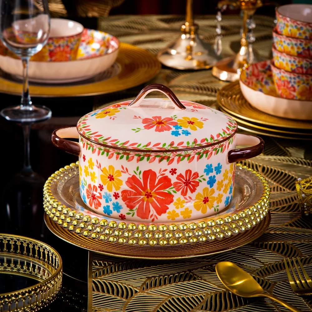 外贸出口【Diacelain】高端陶瓷餐具蒲公英9.5英寸双耳带盖大汤碗