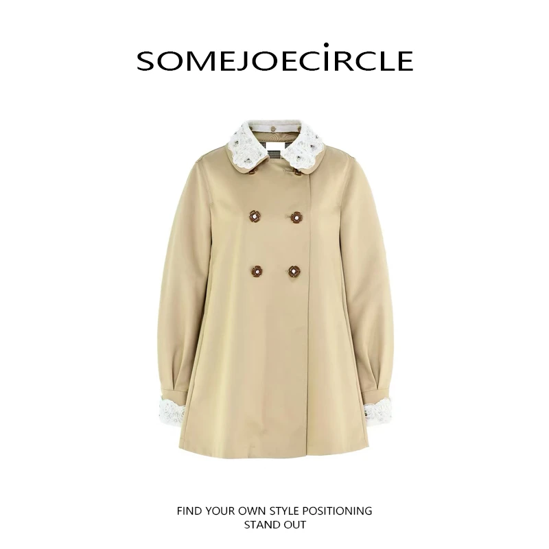 SOMEJOECIRCLE【拉F姆订单】25新款蕾丝娃娃领中长款风衣外套Z6966