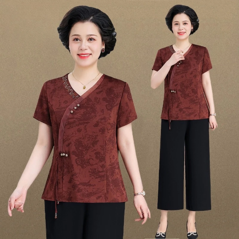 新中式短袖妈妈装小衫女夏季新款洋气国风中老年人上衣服女