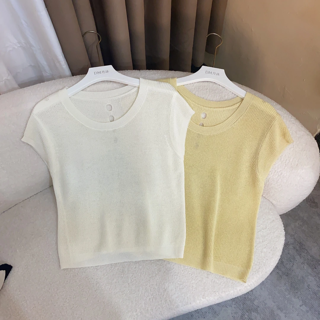 天丝亚麻薄款短袖夏季新款后背镂空单排扣设计感洋气显瘦针织衫