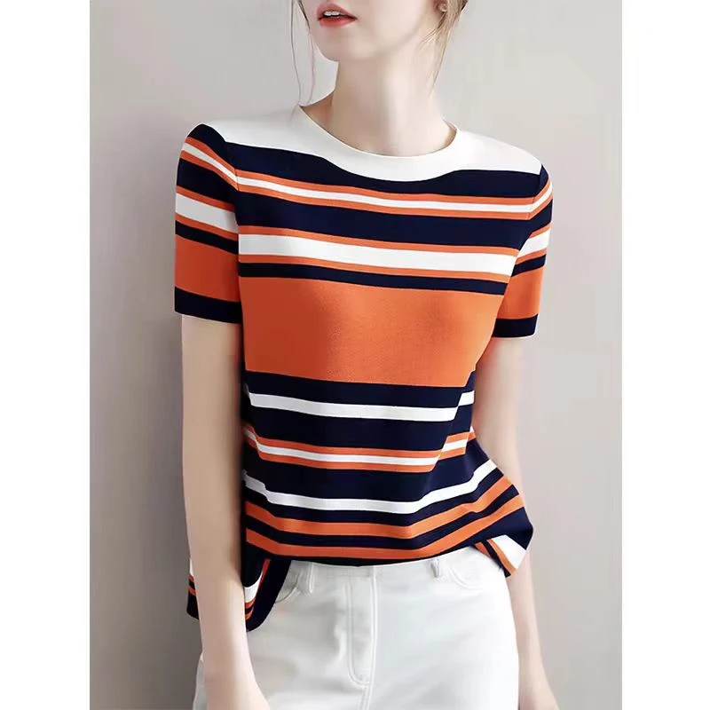 绒贝斯8805拼色条纹短袖t恤女2025新款圆领撞色宽松打底短款上衣