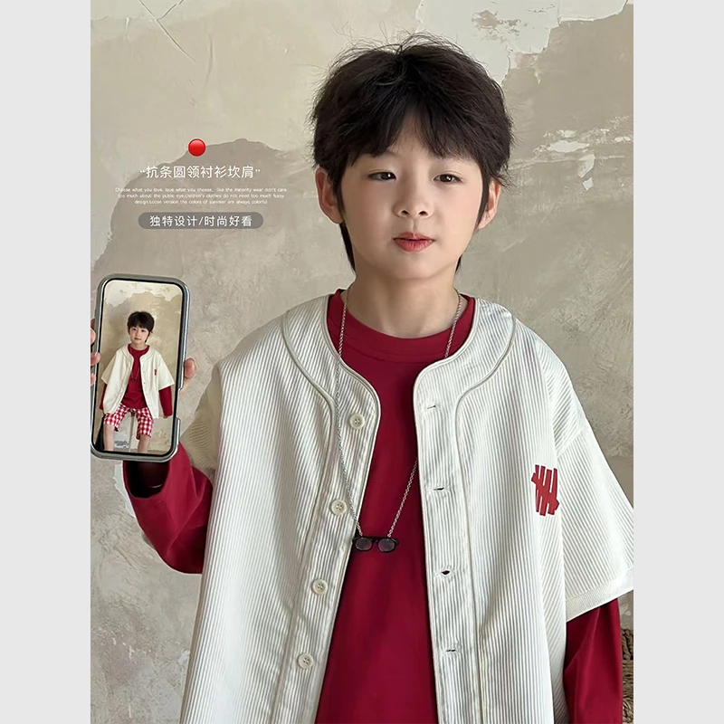 虾酱麻麻男童短袖外套春夏款2025新款男孩衣服白色衬衫式儿童上衣