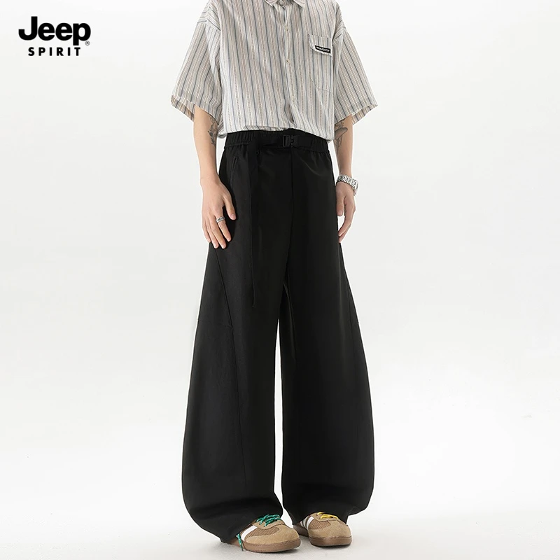 JEEPSPIRIT吉普透气裤口褶边纯色免烫夏休闲裤百搭阔腿裤抽绳时尚