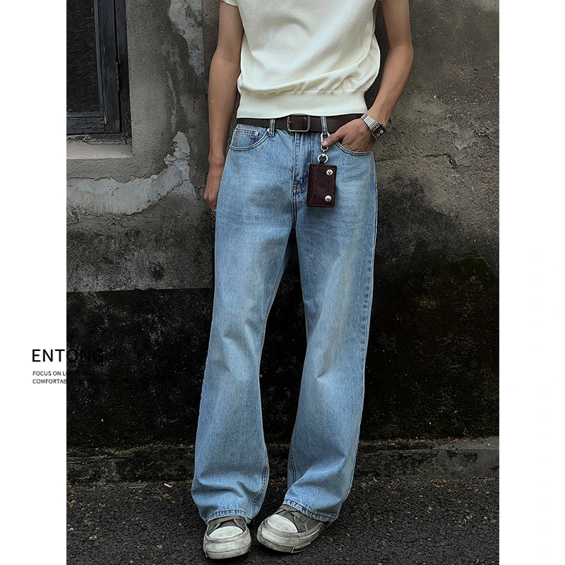 Entong美式潮牌复古宽松微喇显瘦水洗阔腿牛仔裤男生vibe直筒裤子