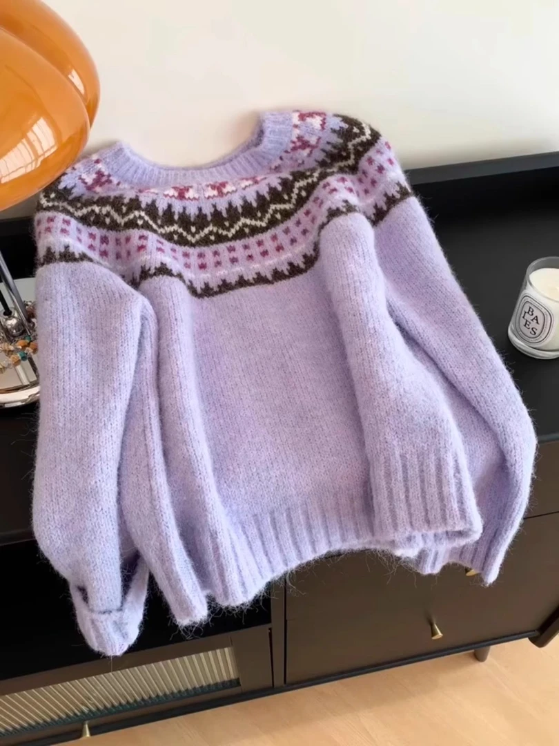 温柔费尔岛慵懒风高级感紫色圆领毛衣女秋冬季甜美宽松显瘦上衣潮