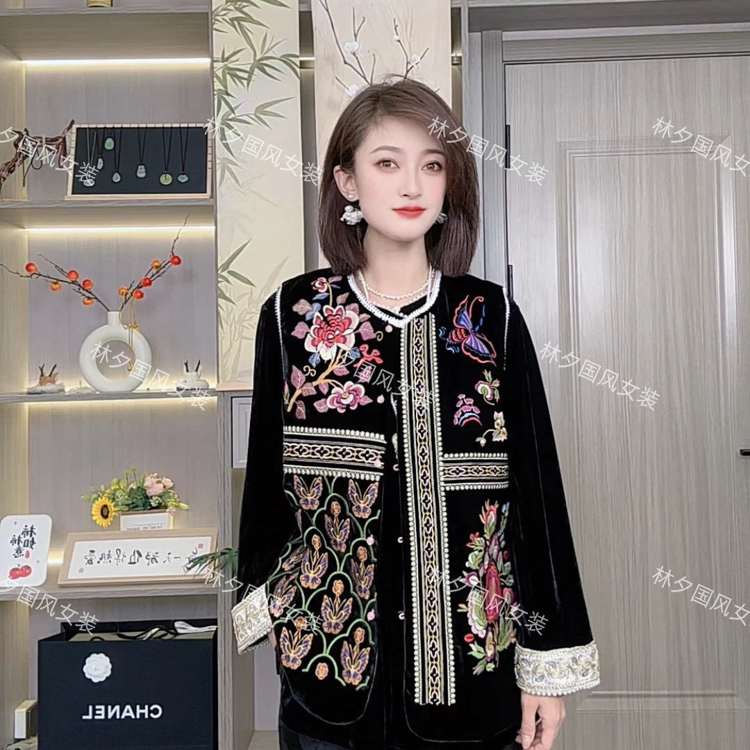 新中式国风秋季女装重工刺绣圆领马甲黑色绣花时尚显瘦
