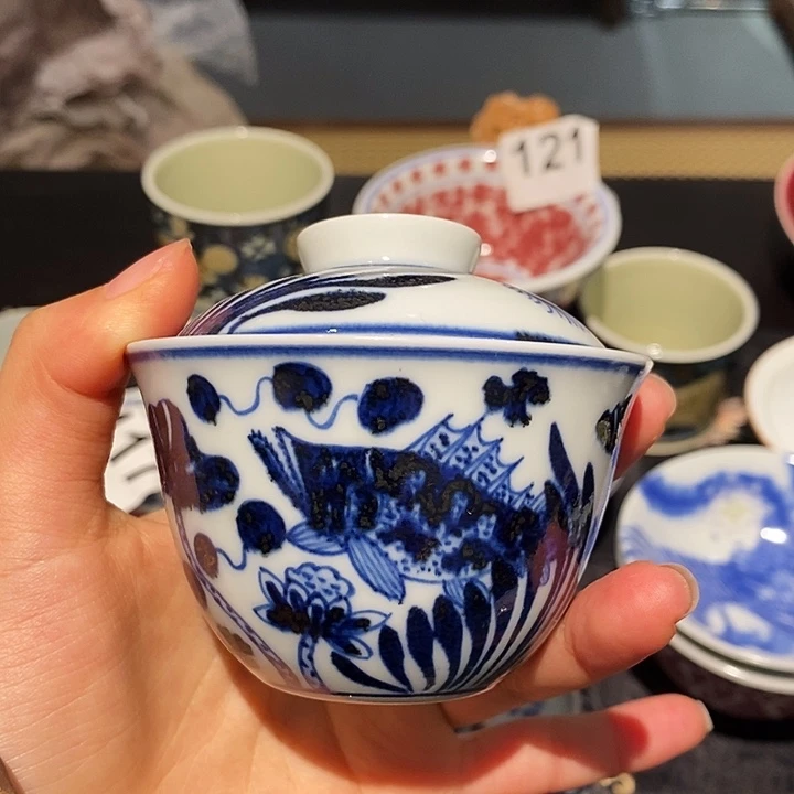 陶摆件鱼藻小盖碗