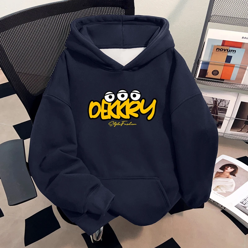 Dekkry秋冬藏青色连帽卫衣男女卡通星星字母印花加绒套头情侣上衣