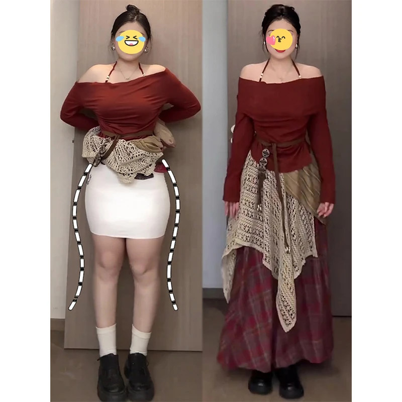 大码胖mm小众复古荡领长袖上衣女秋季独特不规则格子半身裙两件套