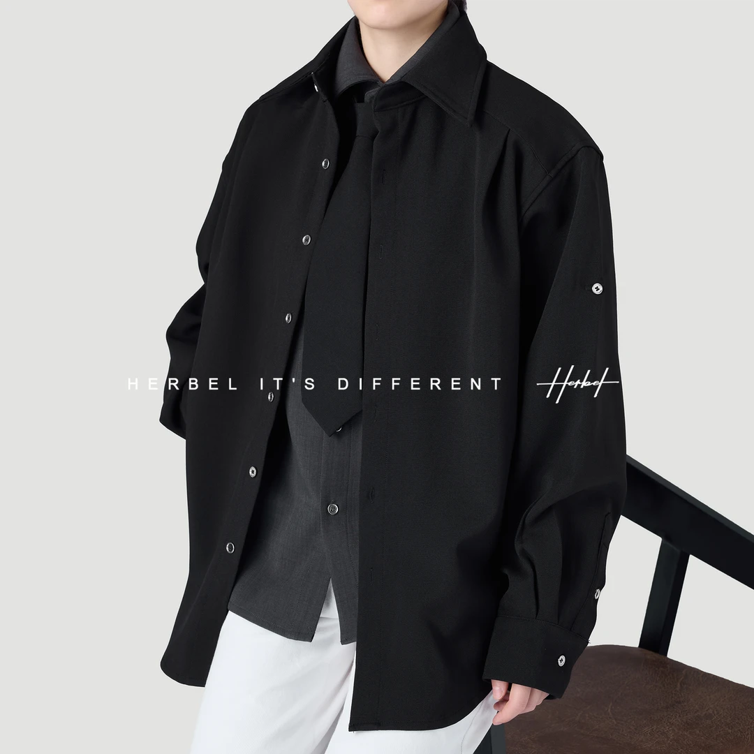 HERBEL/黑白假两件拼接日系复古宽松型翻领衬衫百搭简约男士上衣