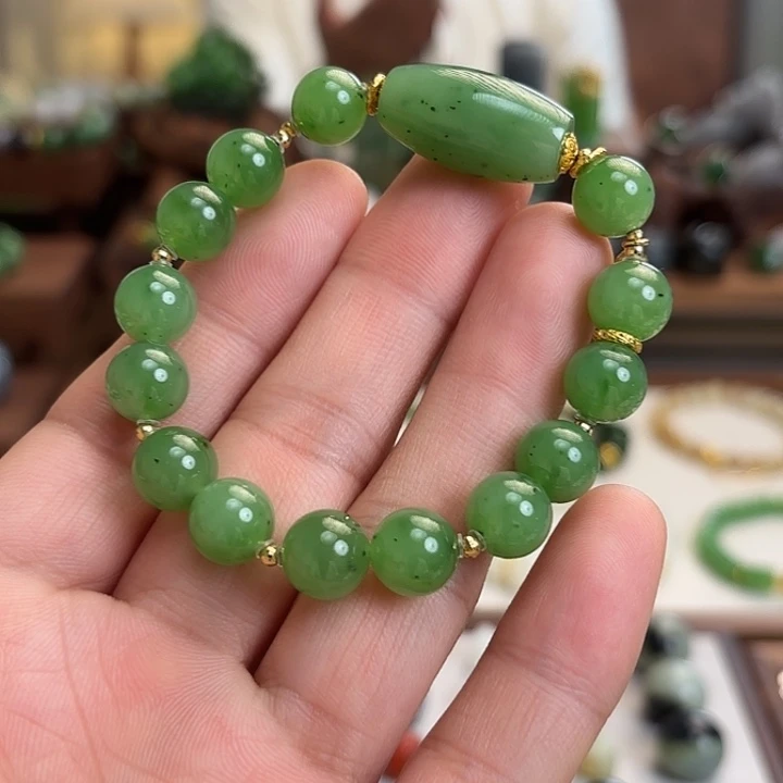 和田玉（碧玉）18K金镶嵌手链10mm苹果绿设计款