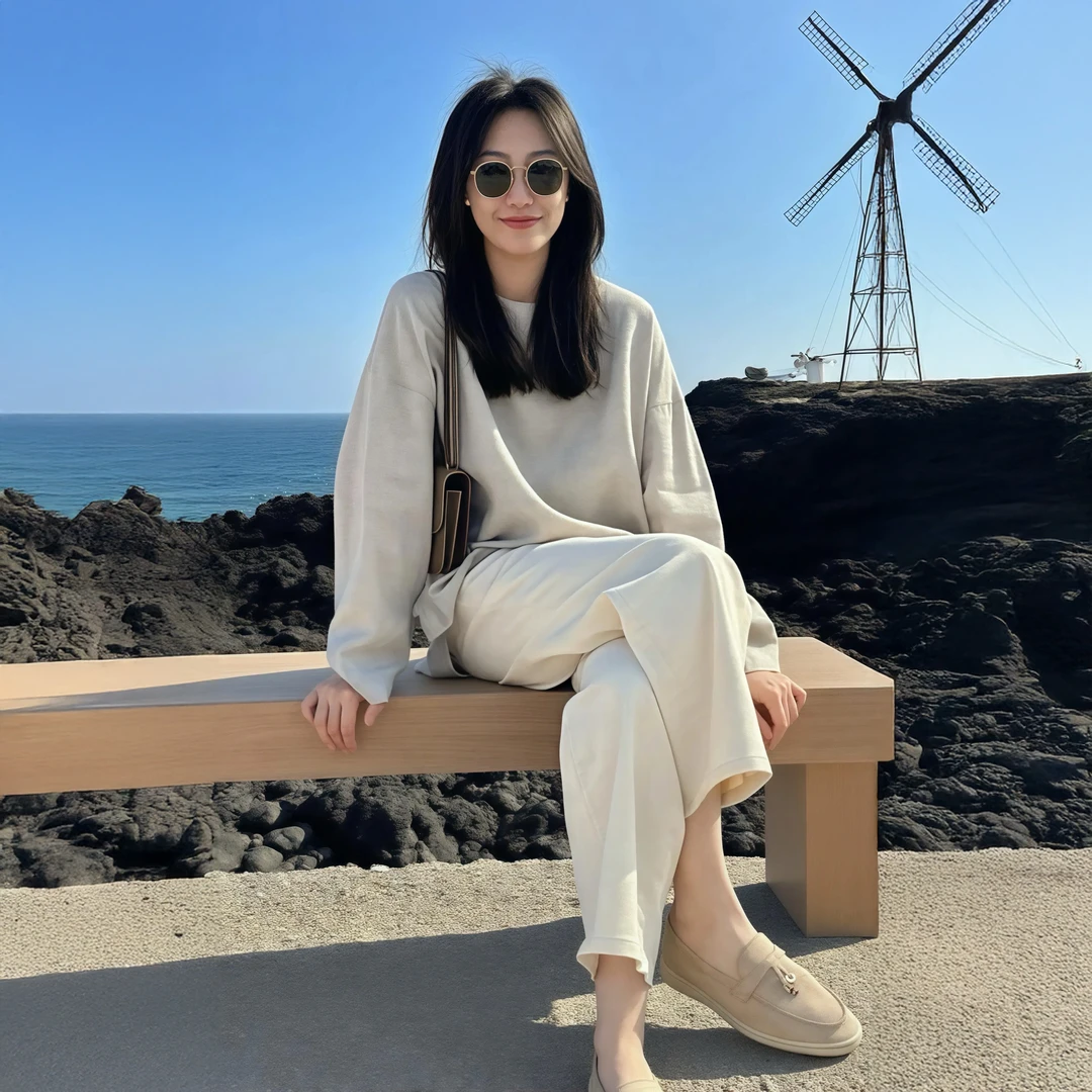 E537+B646一整套韩系松弛感长袖T恤上衣休闲阔腿裤洋气减龄套装女