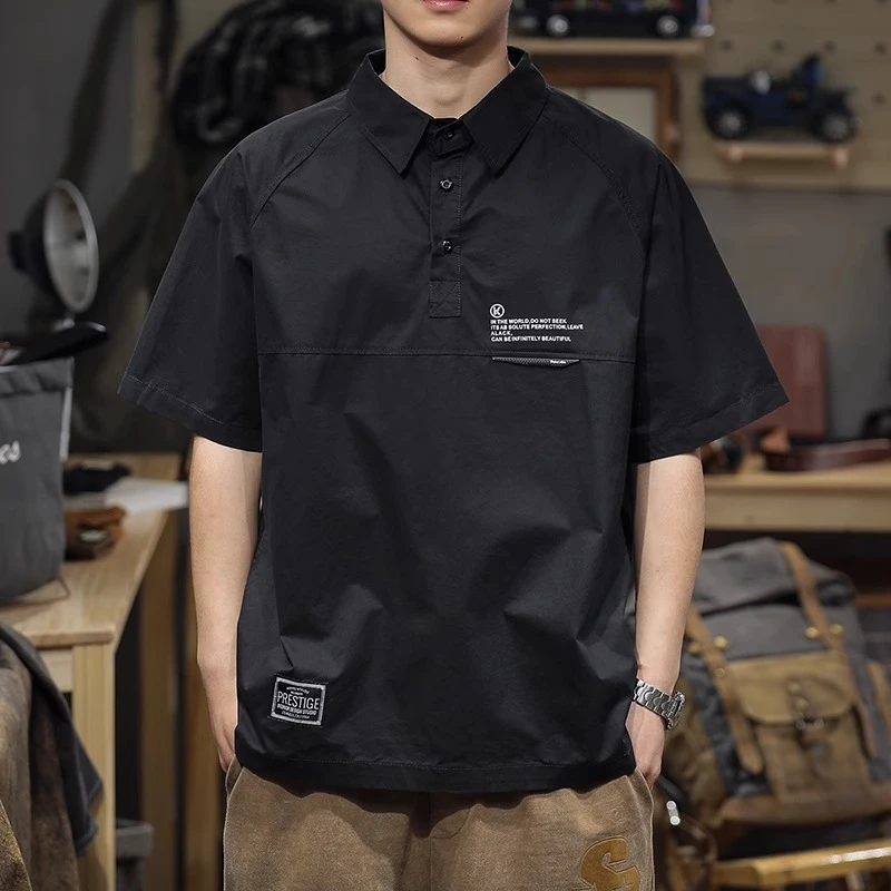 Cebrodz夏季潮牌纯棉Polo衫男士短袖衬衣新款休闲黑色男款t恤衬衫