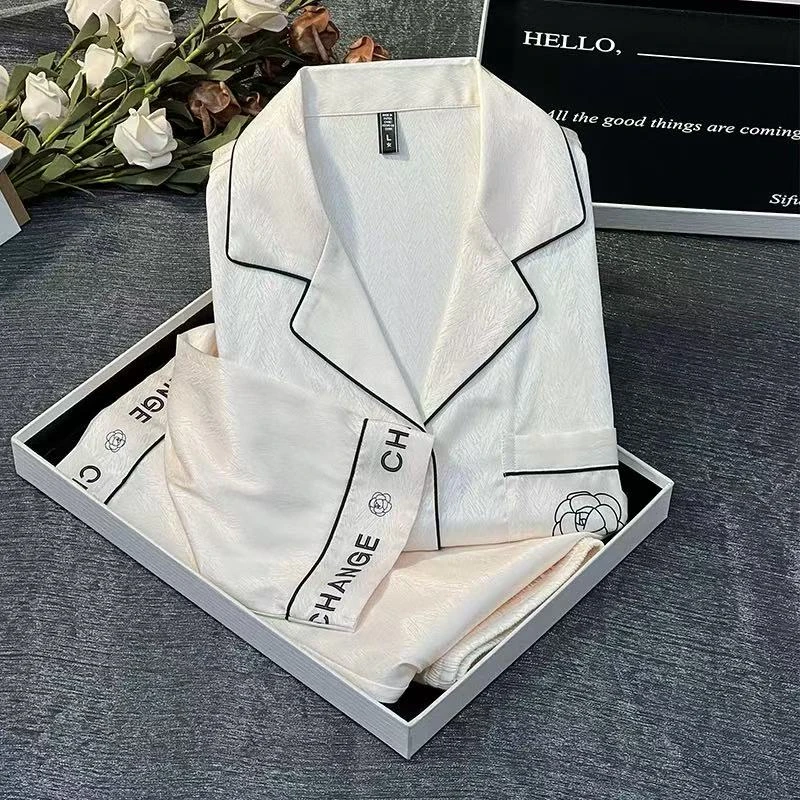 新款轻奢人字纹山茶花睡衣女春秋款网红可外穿家居服