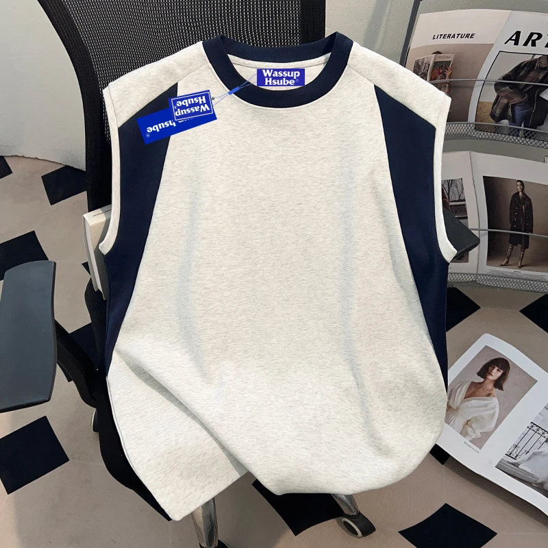 WASSUP HSUBE男T恤美式潮牌vibe纯棉撞色坎肩背心男夏季无袖上衣
